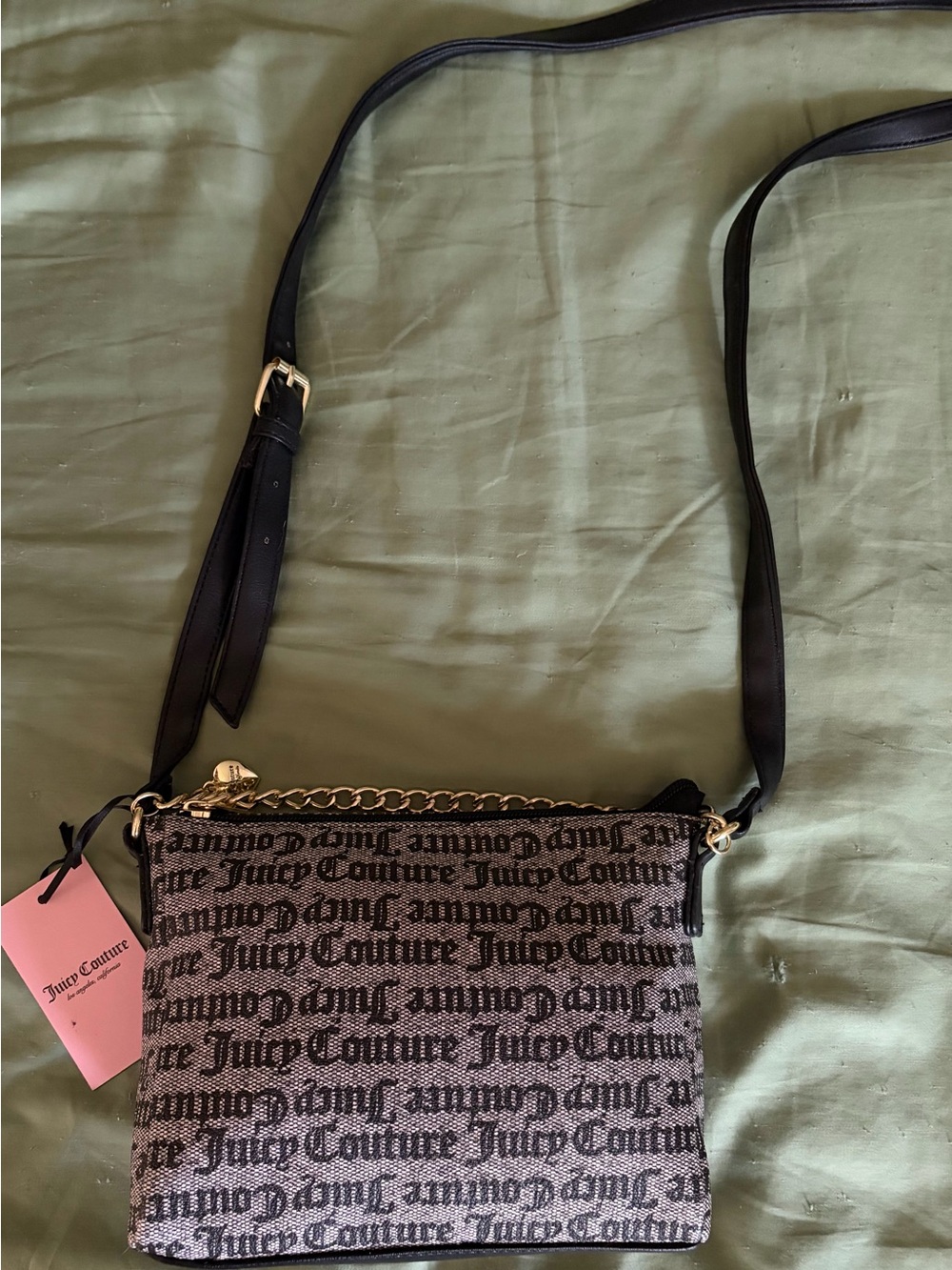 Juicy Couture Black and Gray Logo Crossbody Purse with Gold Chain & Wallet
